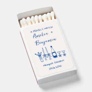 French Blue Hand Drawn Champagne Whimsical Wedding Matchboxes