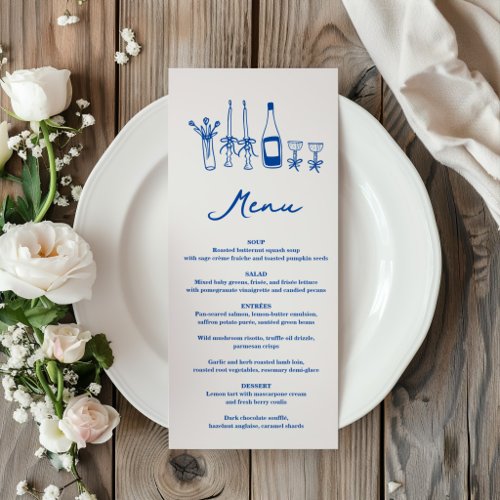 French Blue Hand Drawn Champagne Whimsical Wedding Menu