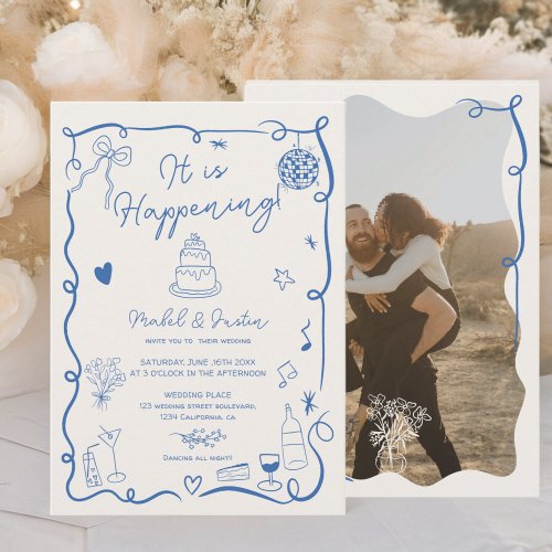French blue hand drawn illustrated photo wedding invitation