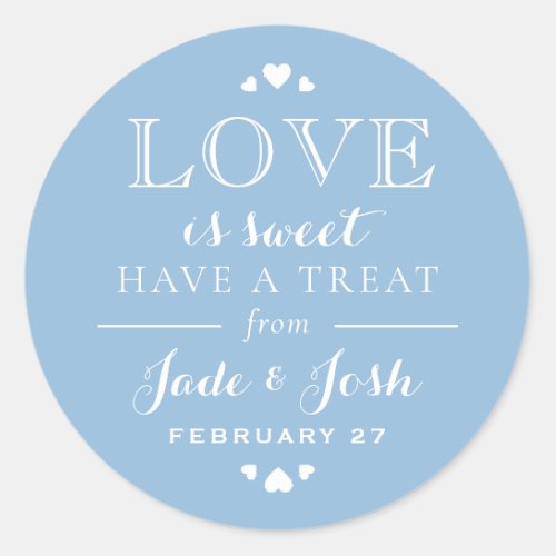 French Blue Hearts Love is Sweet Wedding Favor Classic Round Sticker