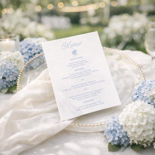 French Blue Hydrangea 5x7 Wedding Menu Card (Creator Uploaded)