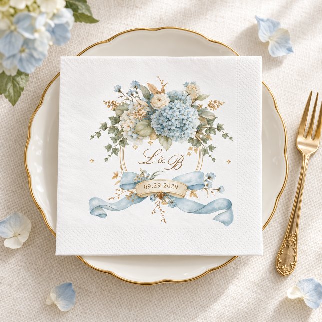 French Blue Hydrangea Monogram Crest Wedding Napkins (Creator Uploaded)