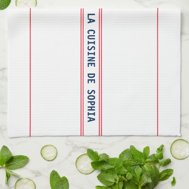 French Blue La Cuisine Name & Red Striped Kitchen Towel (Folded)