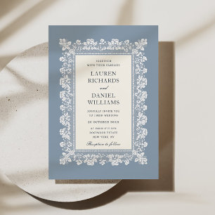French Blue Lace Frame Wedding Invitation