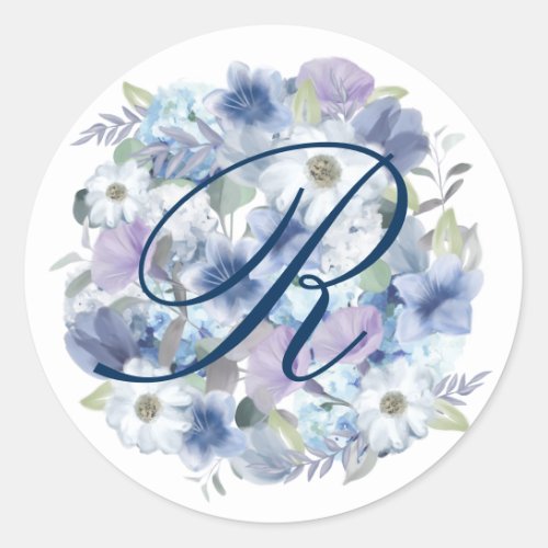 French Blue  Lavender Watercolor Floral Wedding Classic Round Sticker