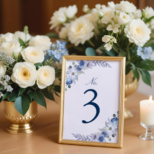 French Blue & Lavender Watercolor Floral White Table Number