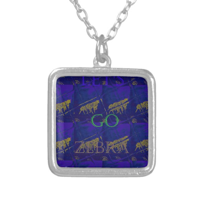 French Blue "Let's Go Zebra" Abstract Print Silver Plated Necklace (Front)