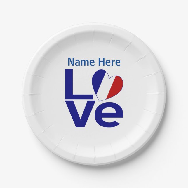 French Blue LOVE Heart Flag Personalized Party Paper Plates (Front)