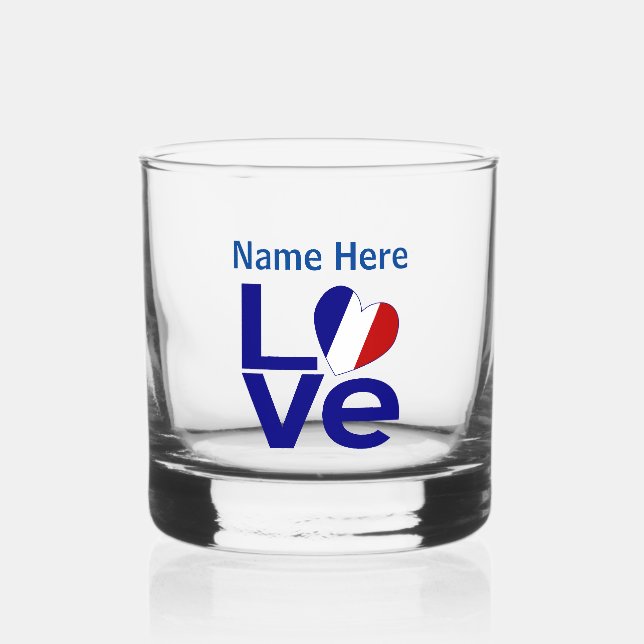 French Blue LOVE Heart Flag Personalized Whiskey Glass (Front)