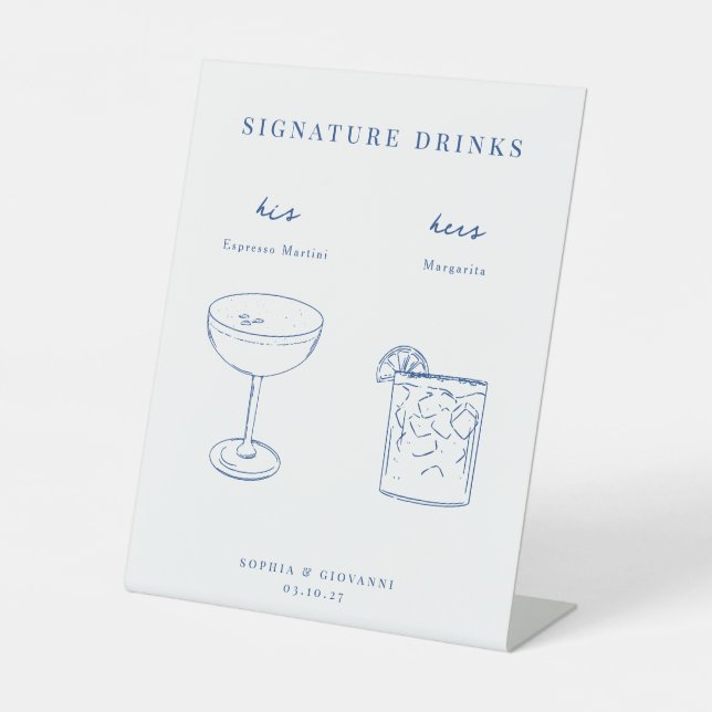 French Blue Minimalist Wedding Signature Drinks Pedestal Sign (Front)