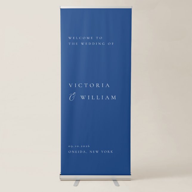 French Blue Minimalist Wedding Welcome Retractable Banner (Front)