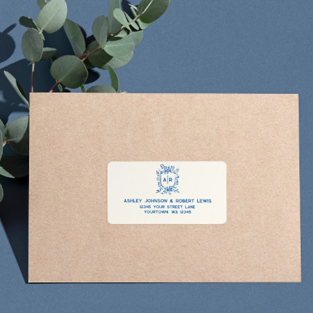 French Blue Monogram Crest Wedding RSVP Address Label (Creator Uploaded)