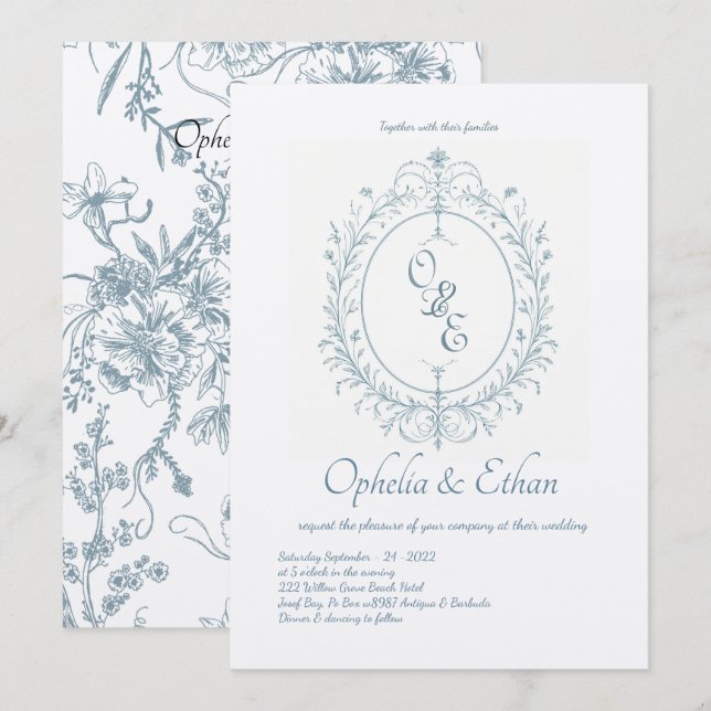 French Blue Monogram Victorian crest wedding Invitation (Front/Back)