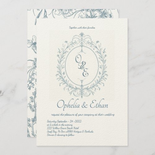 French Blue Monogram Victorian crest wedding Invitation