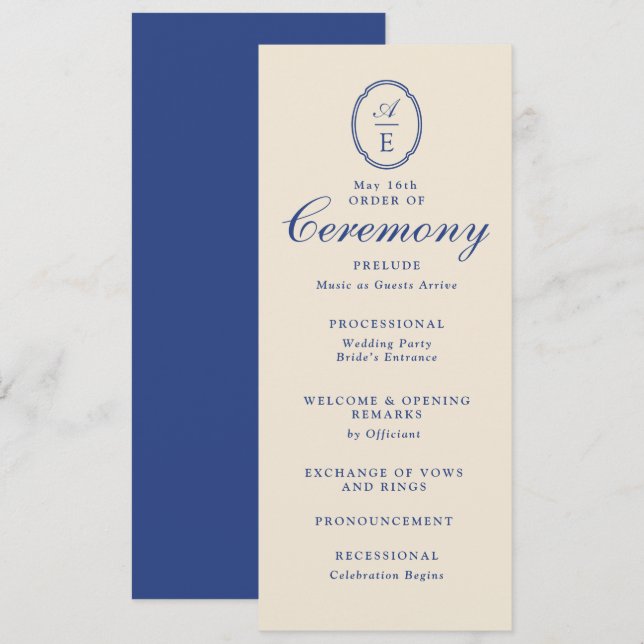 French Blue Monogram Wedding Program (Front/Back)