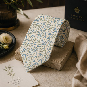 French Blue Olive Botanical Garden Arch Pattern Neck Tie