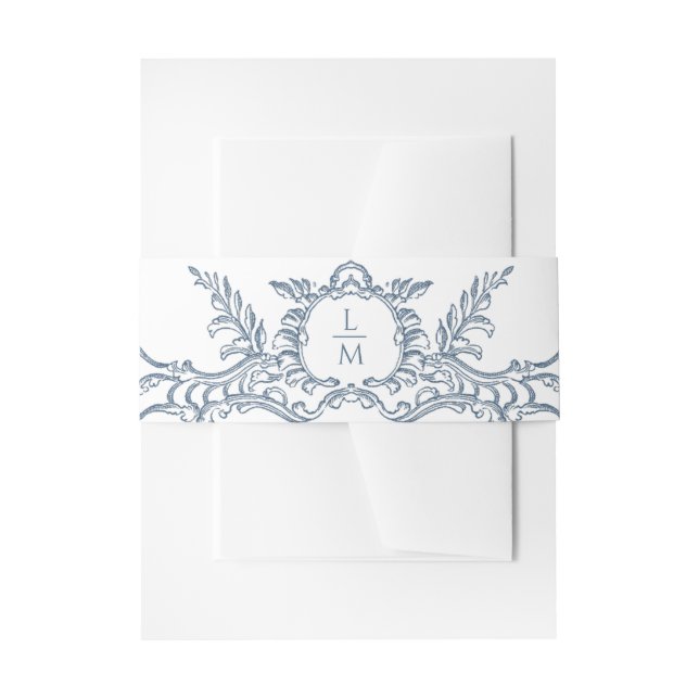 French Blue Ornate Baroque Monogram Invitation Belly Band (Front Example)