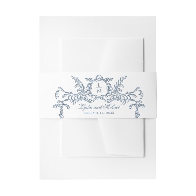 French Blue Ornate Baroque Monogram Invitation Belly Band (Front Example)