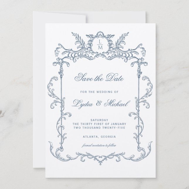French Blue Ornate Baroque Monogram Save The Date (Front)