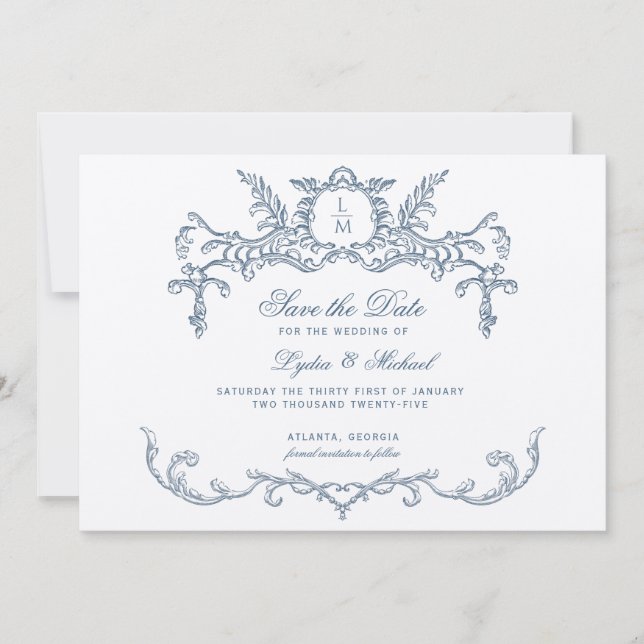 French Blue Ornate Baroque Monogram Save The Date (Front)