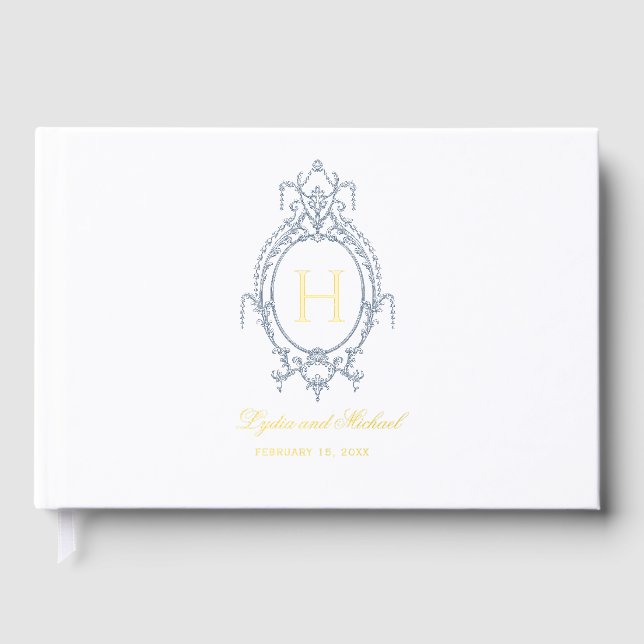 French Blue Ornate Baroque Monogram Wedding Foil Guest Book (Front)