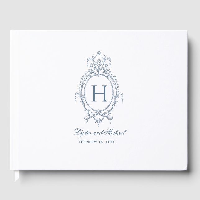 French Blue Ornate Baroque Monogram Wedding Guest Book (Front)