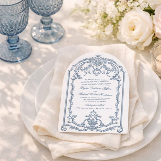 French Blue Ornate Baroque Wedding Invitation (Creator Uploaded)