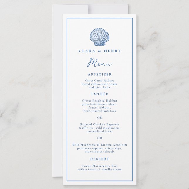 French Blue Seashell Long Wedding Menu Invitation (Front)
