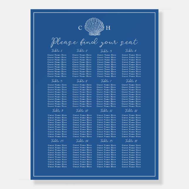 French Blue Seashell Wedding Seating Chart Foam Board (Front)