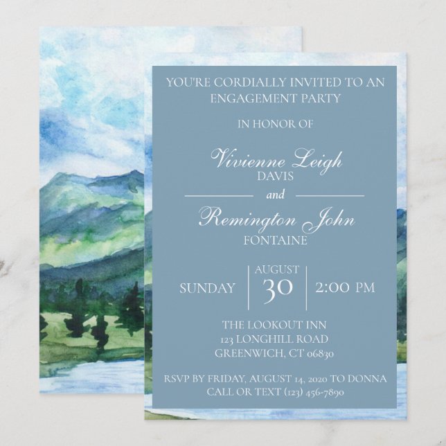 French Blue Serene Watercolor Lake Engagement Invitation (Front/Back)