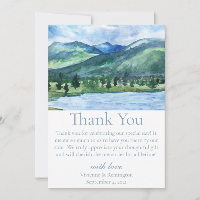 French Blue Serene Watercolor Lake Thank You Card (Front)