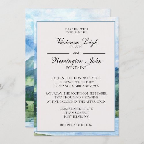 French Blue Serene Watercolor Lake Wedding Invitation