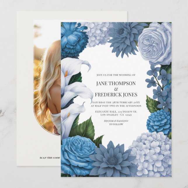 French Blue, Storm Slate & Petal Fog Wedding Invitation (Front/Back)