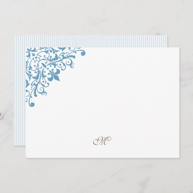 French Blue Stripe Fleur de Lis Initial Monogram Note Card (Front/Back)