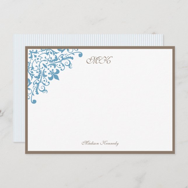 French Blue Stripe Fleur de Lis Personalized Note Card (Front/Back)