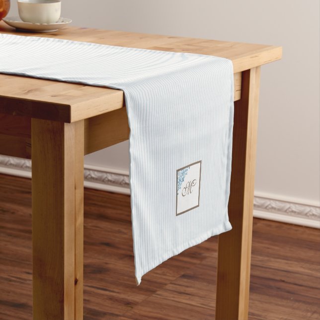 French Blue Stripe Fleur de Lis Script Monogram Medium Table Runner (In Situ)