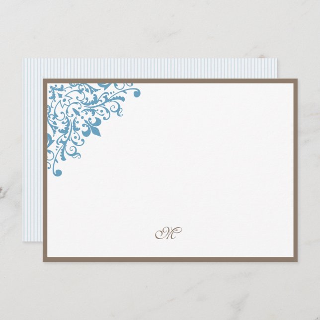 French Blue Stripe Fleur de Lis Script Monogram Note Card (Front/Back)
