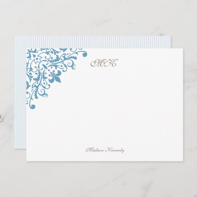 French Blue Stripe Fleur de Lis Script Monogram Note Card (Front/Back)