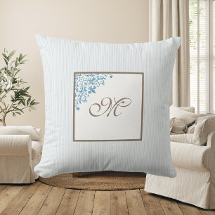 French Blue Stripe Fleur de Lis Script Monogram Throw Pillow