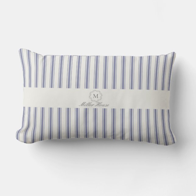 French blue Striped monogram Lumbar Pillow (Front)