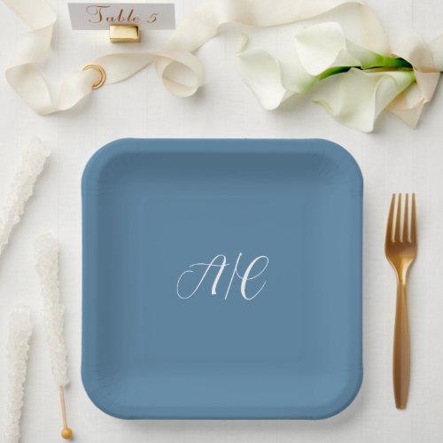 French Blue Stylized Initials Wedding Paper Plates