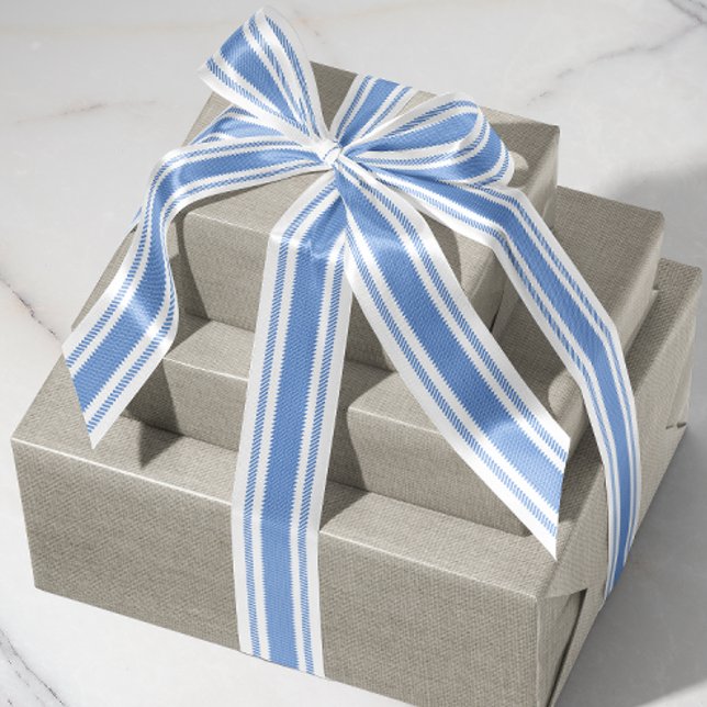 French Blue Ticking Tape Ribbon (French country style ticking tape stripe patterned satin ribbon)