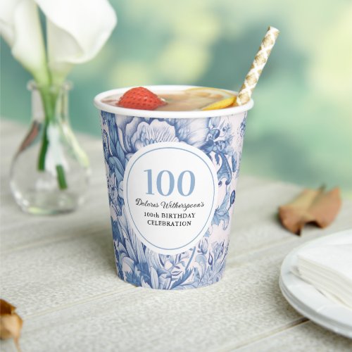 French Blue Toile 100th Birthday Celebration Paper Cups