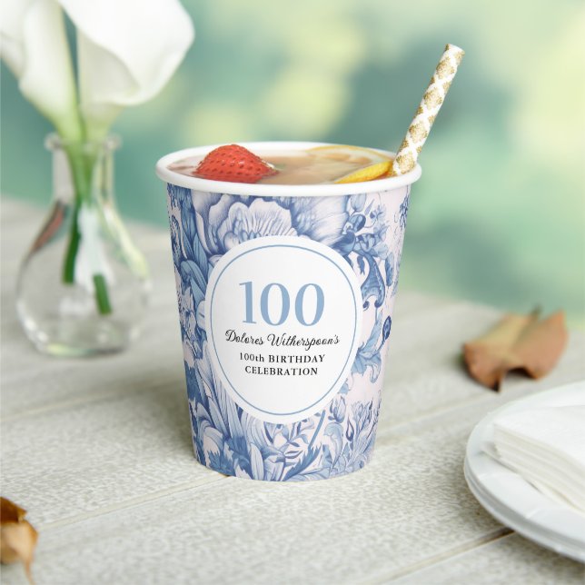 French Blue Toile 100th Birthday Celebration Paper Cups (Insitu)