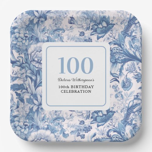 French Blue Toile 100th Birthday Celebration Paper Plates