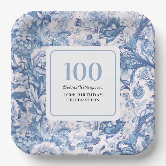 French Blue Toile 100th Birthday Celebration Paper Plates (Front)