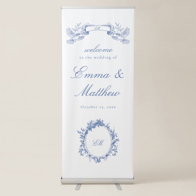 French Blue Toile Birds & Flowers Wedding Welcome Retractable Banner (Front)
