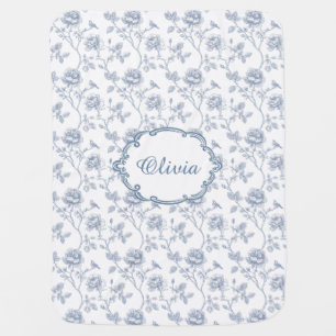 French Blue Toile Chinoiserie Floral Custom Name Baby Blanket