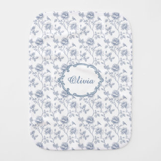 French Blue Toile Chinoiserie Floral Custom Name Baby Burp Cloth