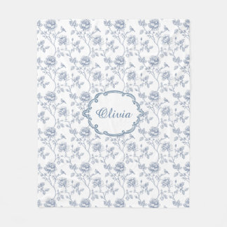 French Blue Toile Chinoiserie Floral Custom Name Fleece Blanket